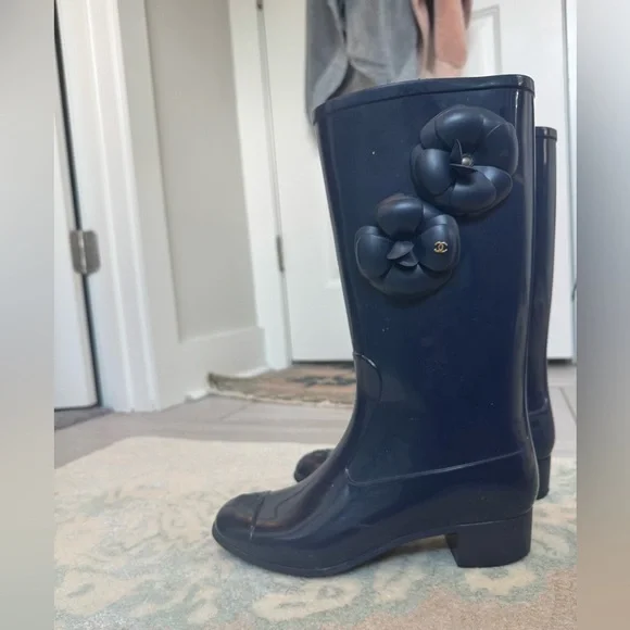 CHANEL | Shoes | Chanel Navy Blue Winter Rain Boots | Poshmark